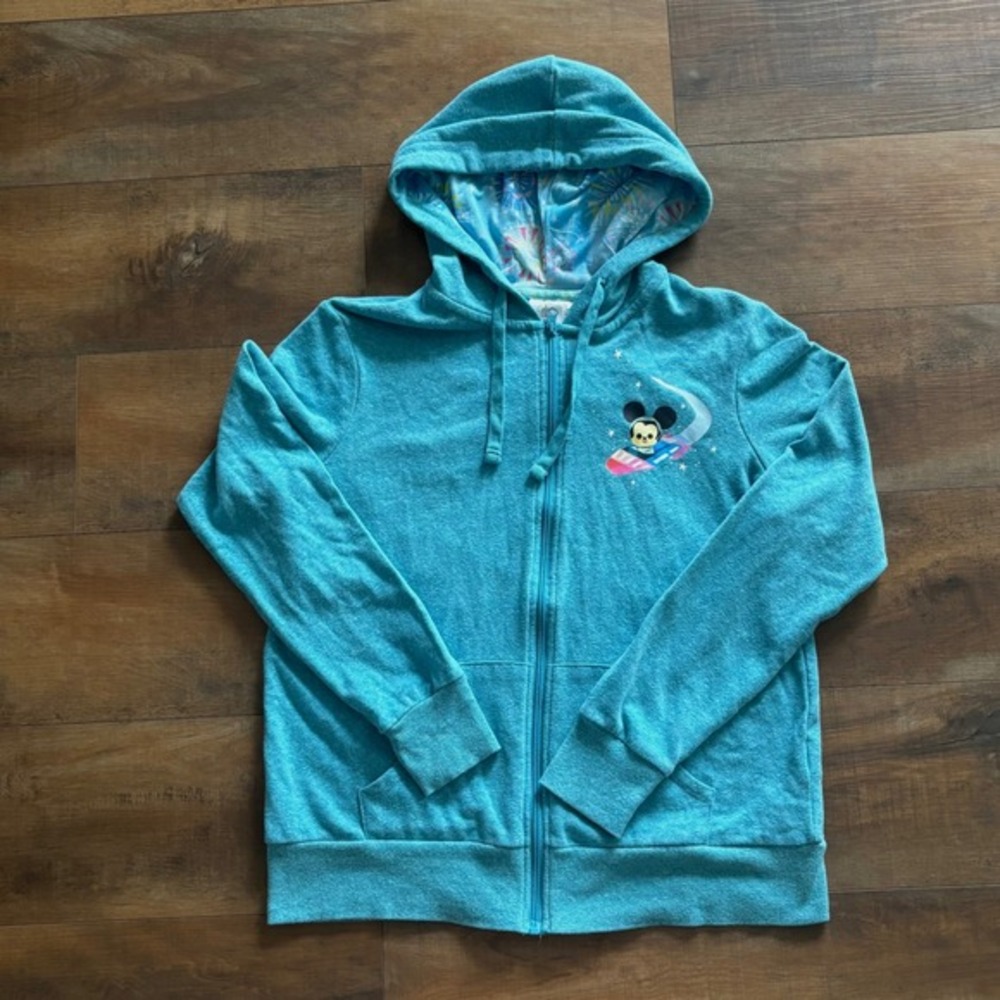 Disney Parks Joey Chou 2023 Zip Up Lightweight Teal Blue Graphic Hoodie Womens L